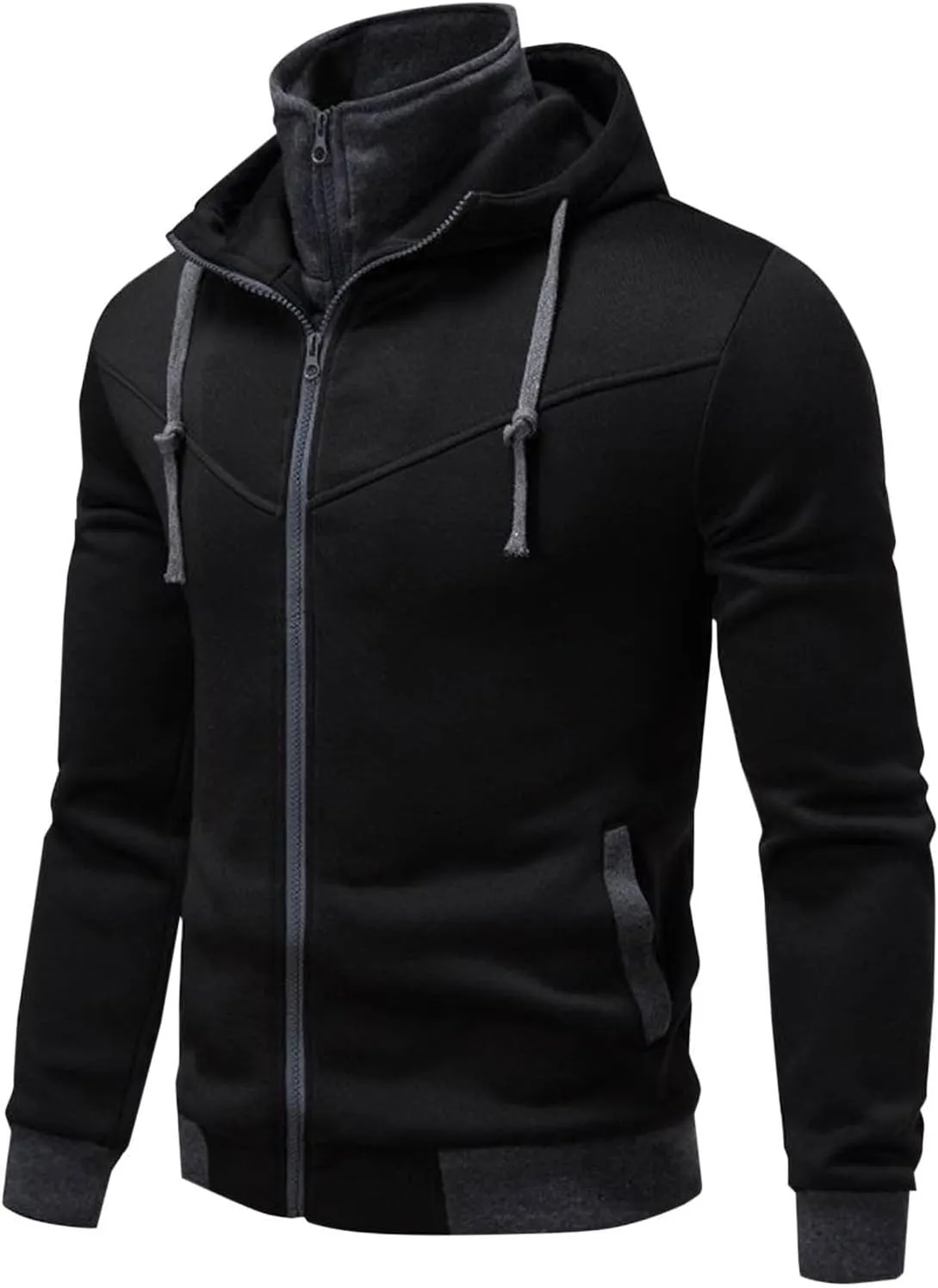 Hoodies For Men Casual Long Sleeve Zip Jacket Trendy Solid Color Coat Lightweight Drawstring Sport Outwear With Pocket