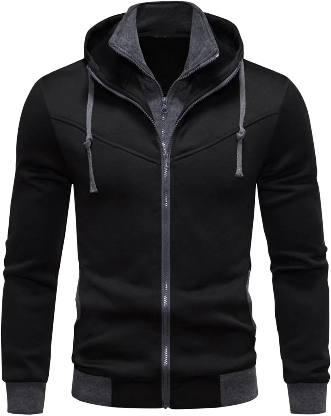 Hoodies For Men Casual Long Sleeve Zip Jacket Trendy Solid Color Coat Lightweight Drawstring Sport Outwear With Pocket