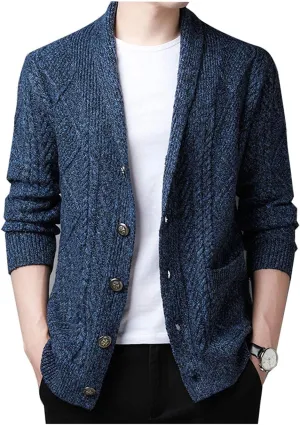 Hotmiss Men's Casual Shawl Collar Button Down Cabel Knit Pockets Cardigans Sweaters