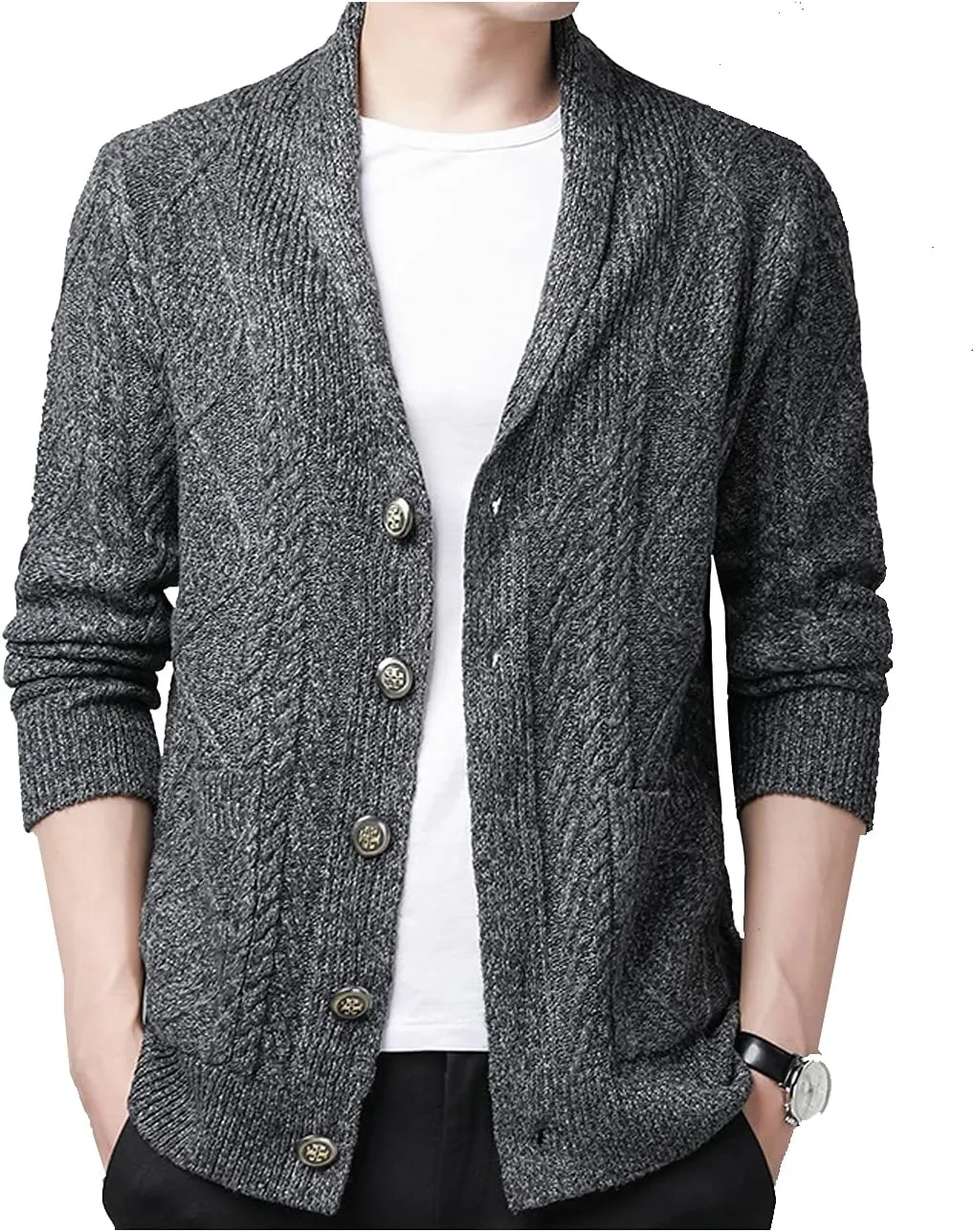 Hotmiss Men's Casual Shawl Collar Button Down Cabel Knit Pockets Cardigans Sweaters