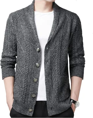 Hotmiss Men's Casual Shawl Collar Button Down Cabel Knit Pockets Cardigans Sweaters