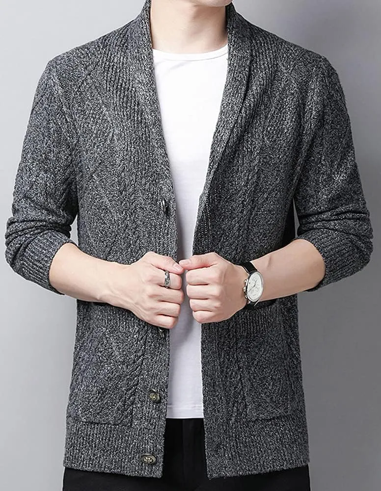 Hotmiss Men's Casual Shawl Collar Button Down Cabel Knit Pockets Cardigans Sweaters