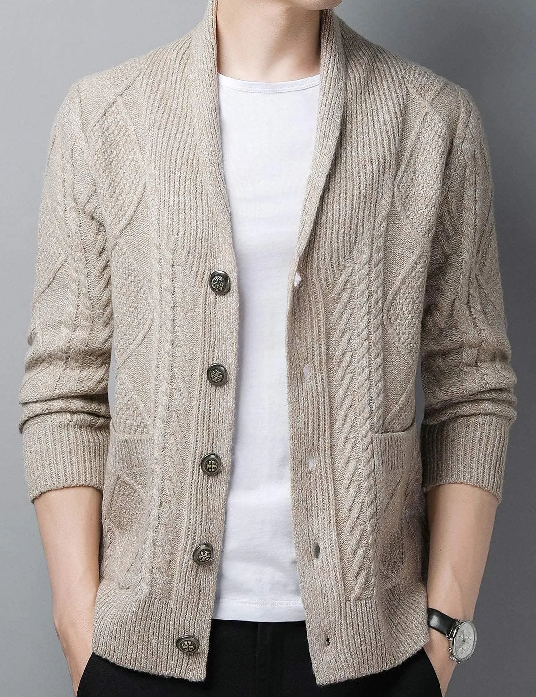 Hotmiss Men's Casual Shawl Collar Button Down Cabel Knit Pockets Cardigans Sweaters