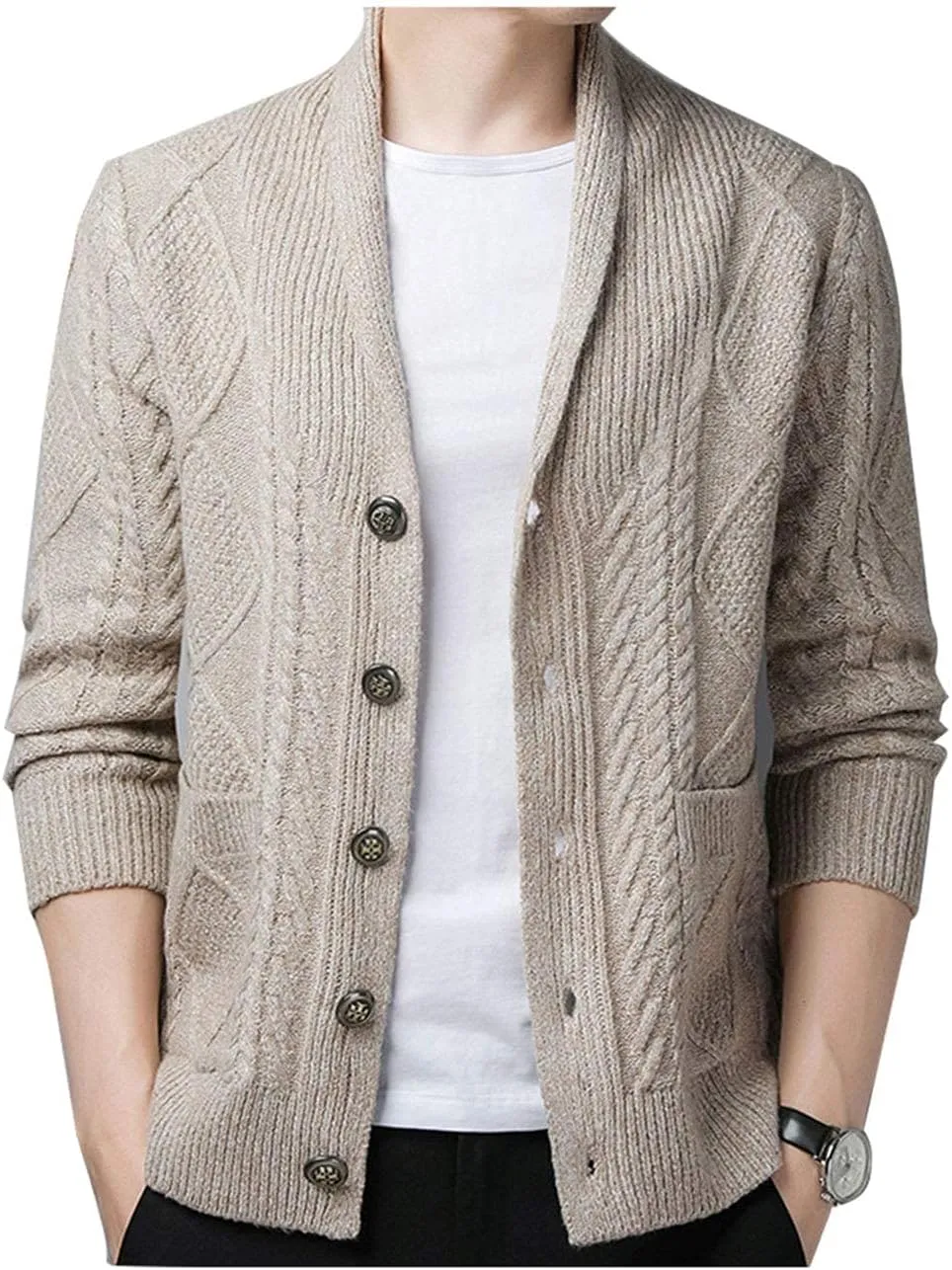 Hotmiss Men's Casual Shawl Collar Button Down Cabel Knit Pockets Cardigans Sweaters