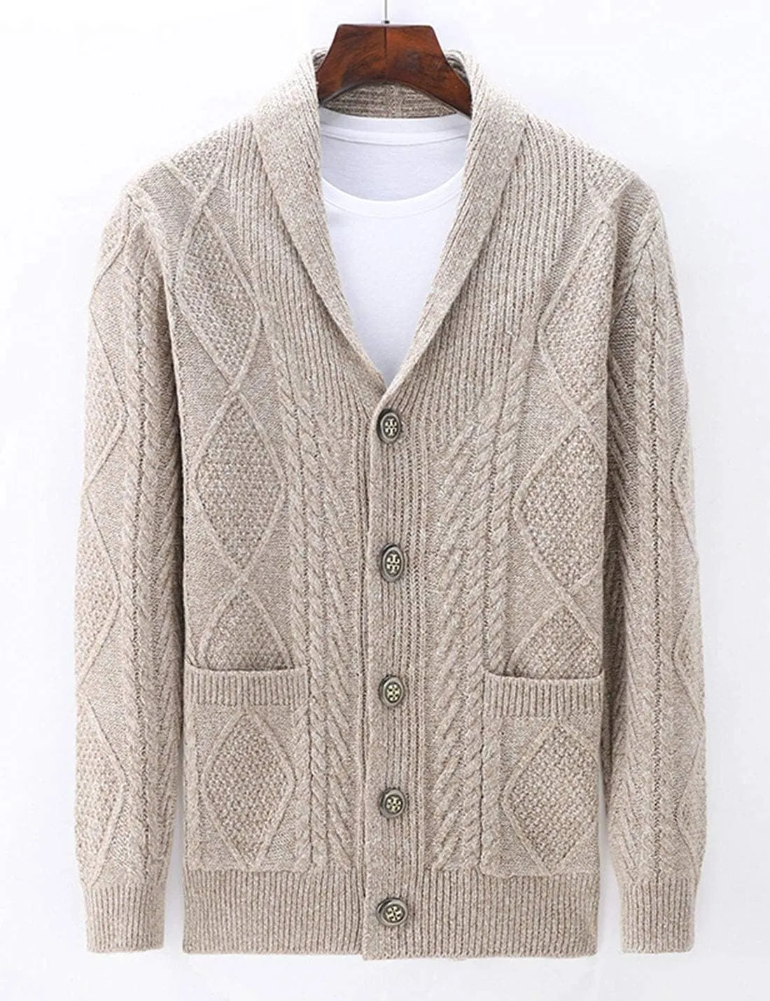 Hotmiss Men's Casual Shawl Collar Button Down Cabel Knit Pockets Cardigans Sweaters