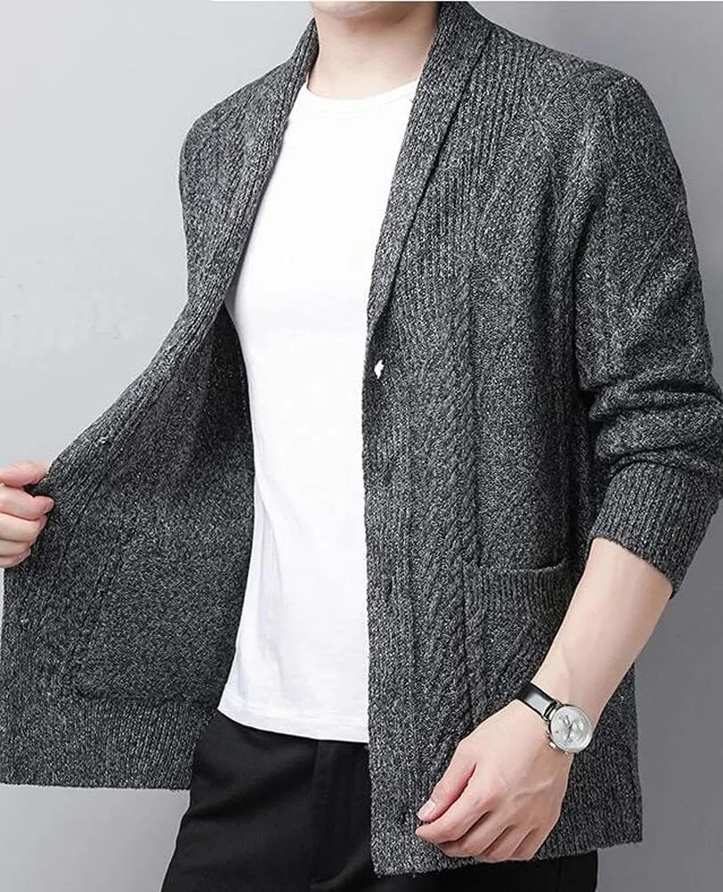Hotmiss Men's Casual Shawl Collar Button Down Cabel Knit Pockets Cardigans Sweaters