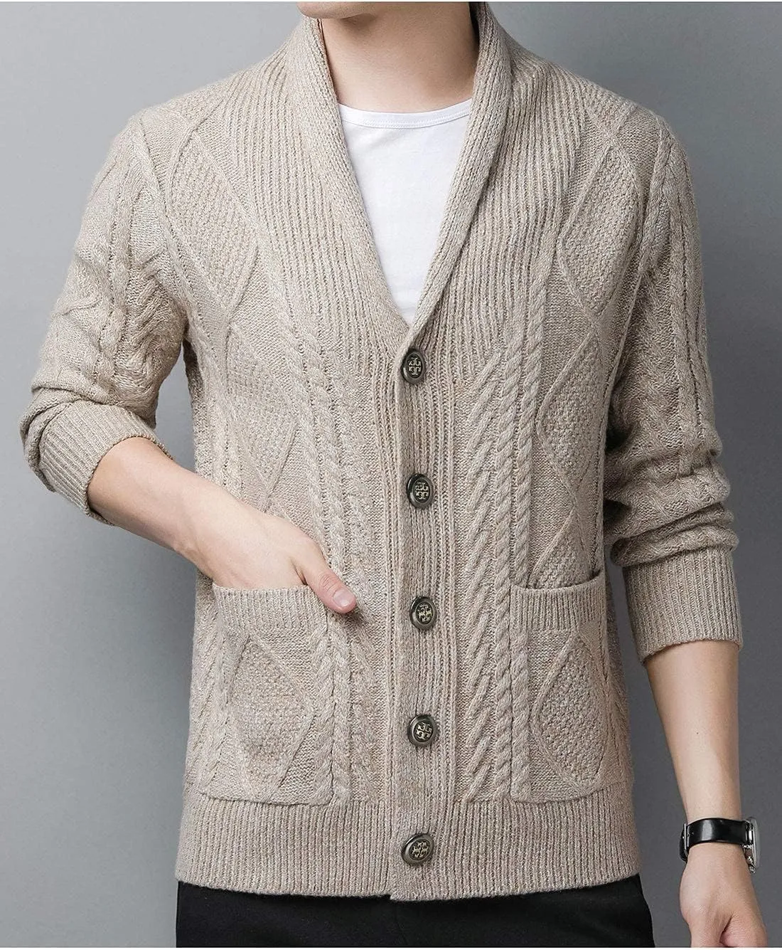 Hotmiss Men's Casual Shawl Collar Button Down Cabel Knit Pockets Cardigans Sweaters