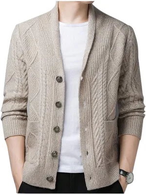 Hotmiss Men's Casual Shawl Collar Button Down Cabel Knit Pockets Cardigans Sweaters