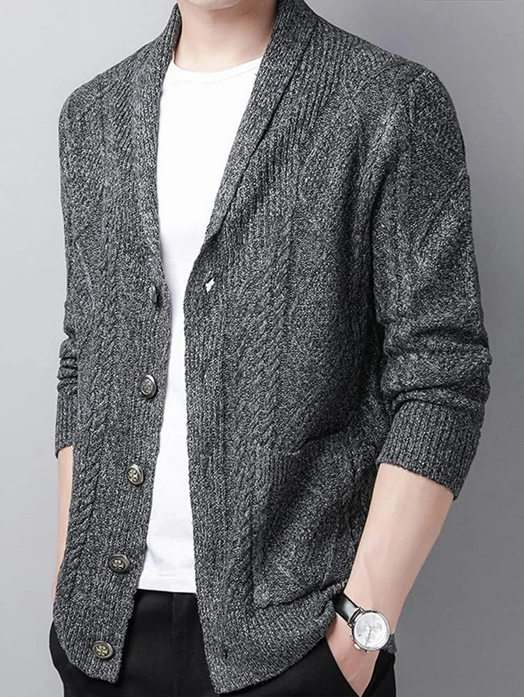 Hotmiss Men's Casual Shawl Collar Button Down Cabel Knit Pockets Cardigans Sweaters