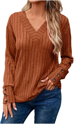 iLH Womens Sweater 2024 Long Sleeve Ribbed Knit Sweaters Casual V Neck Shirts Lightweight Loose Trendy Tunic Tops