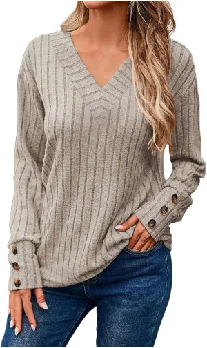 iLH Womens Sweater 2024 Long Sleeve Ribbed Knit Sweaters Casual V Neck Shirts Lightweight Loose Trendy Tunic Tops