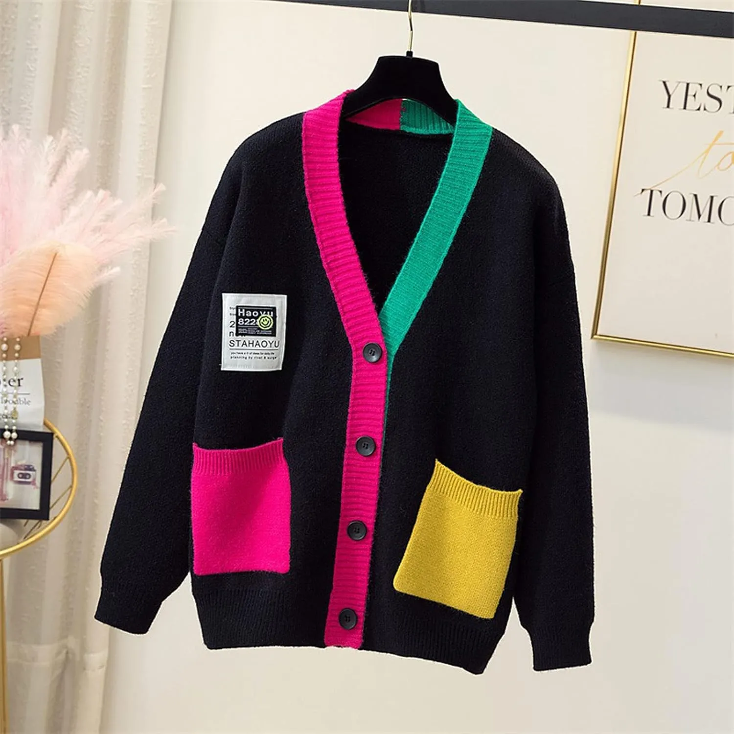 JASCLS Women's Long Sleeve Color Block Chunky Cable Knitted Oversized Sweater Cardigans for Women