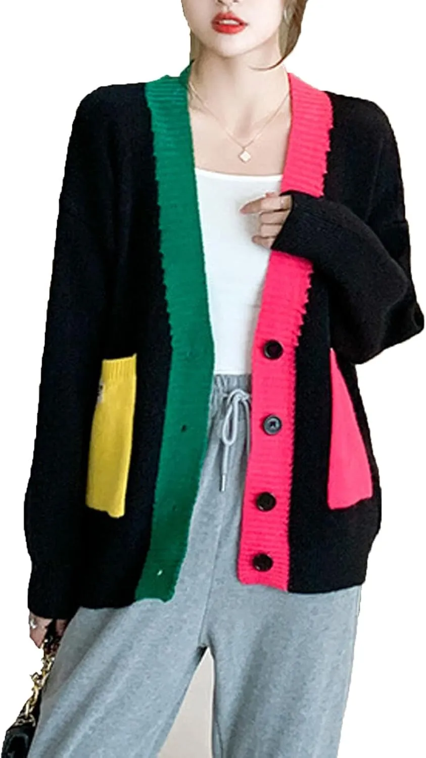 JASCLS Women's Long Sleeve Color Block Chunky Cable Knitted Oversized Sweater Cardigans for Women