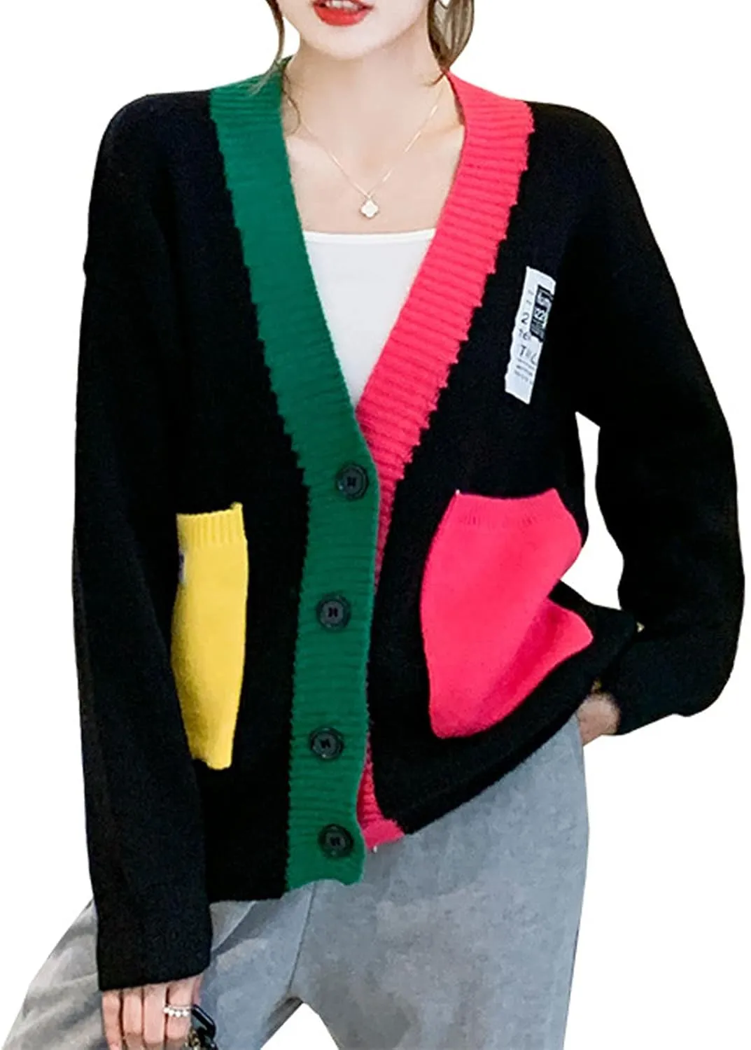 JASCLS Women's Long Sleeve Color Block Chunky Cable Knitted Oversized Sweater Cardigans for Women