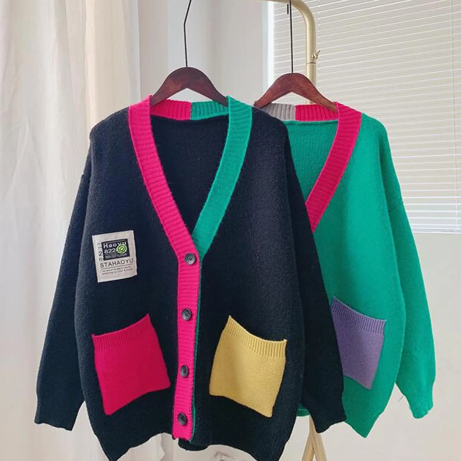 JASCLS Women's Long Sleeve Color Block Chunky Cable Knitted Oversized Sweater Cardigans for Women