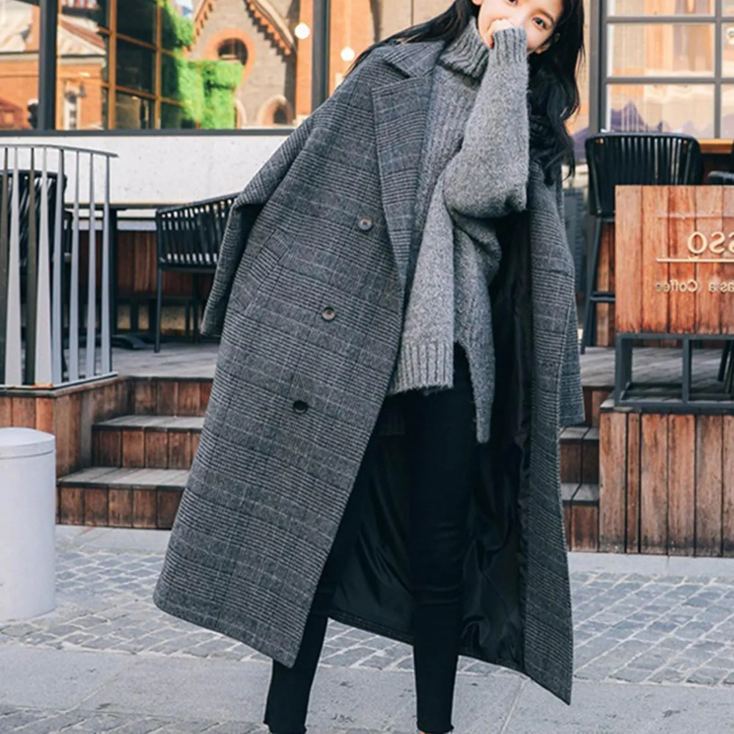 jsaierl Pea Coats for Women Oversized Notch Lapel Double Breasted Peacoat Fall Winter Casual Warm Trendy Overcoat with Pocket