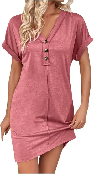 jsaierl Womens Summer Rolled Cuffed Shirts Dress Casual Loose Fit Button Down V Neck Midi Dress Solid Color Basic Shift Dress
