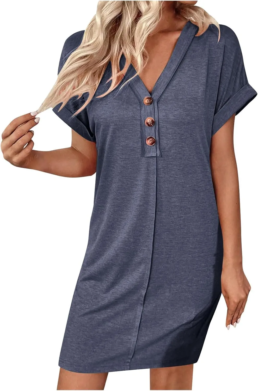jsaierl Womens Summer Rolled Cuffed Shirts Dress Casual Loose Fit Button Down V Neck Midi Dress Solid Color Basic Shift Dress