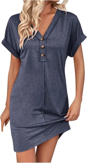 jsaierl Womens Summer Rolled Cuffed Shirts Dress Casual Loose Fit Button Down V Neck Midi Dress Solid Color Basic Shift Dress
