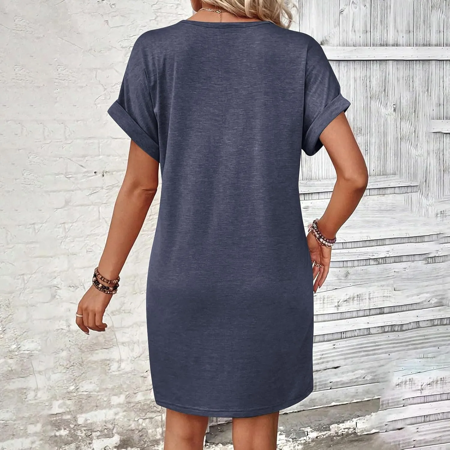 jsaierl Womens Summer Rolled Cuffed Shirts Dress Casual Loose Fit Button Down V Neck Midi Dress Solid Color Basic Shift Dress