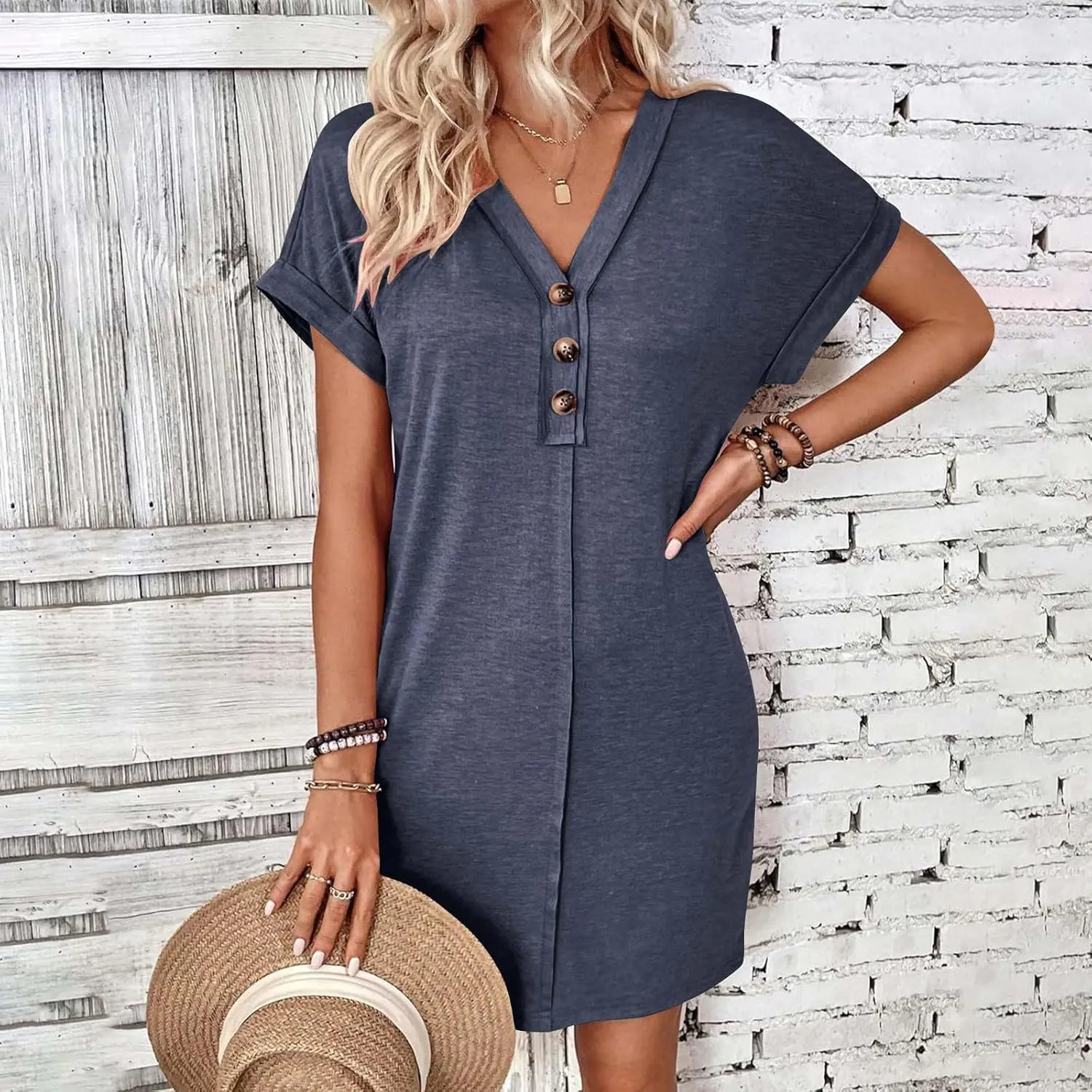 jsaierl Womens Summer Rolled Cuffed Shirts Dress Casual Loose Fit Button Down V Neck Midi Dress Solid Color Basic Shift Dress