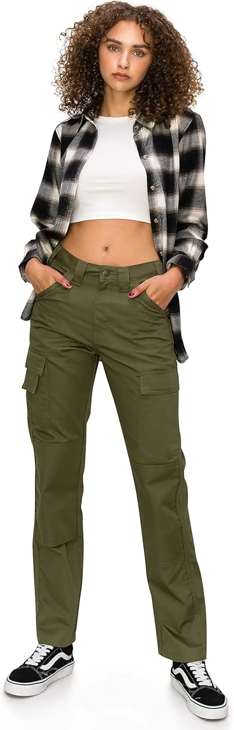 KHAKI & BLUE Women's Work Pants – High Rise Slim Fit Straight Leg Cargo Casual Trousers with Multi Pockets