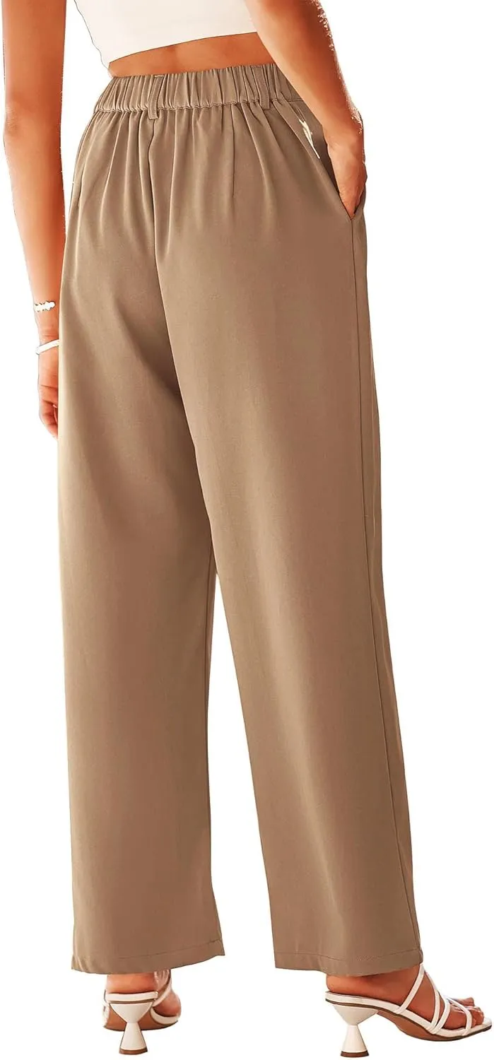 KIRUNDO Women's Elastic High Waisted Wide Leg Dress Pants Loose Fit Pleated Front Business Casual Work Pants Trousers