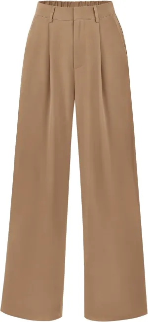 KIRUNDO Women's Elastic High Waisted Wide Leg Dress Pants Loose Fit Pleated Front Business Casual Work Pants Trousers