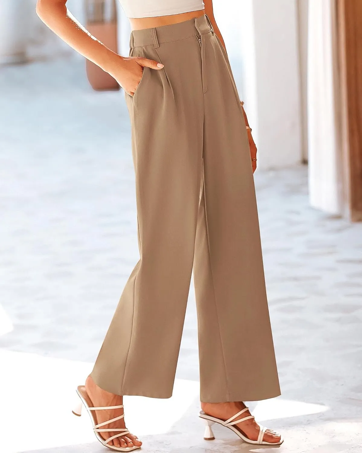 KIRUNDO Women's Elastic High Waisted Wide Leg Dress Pants Loose Fit Pleated Front Business Casual Work Pants Trousers
