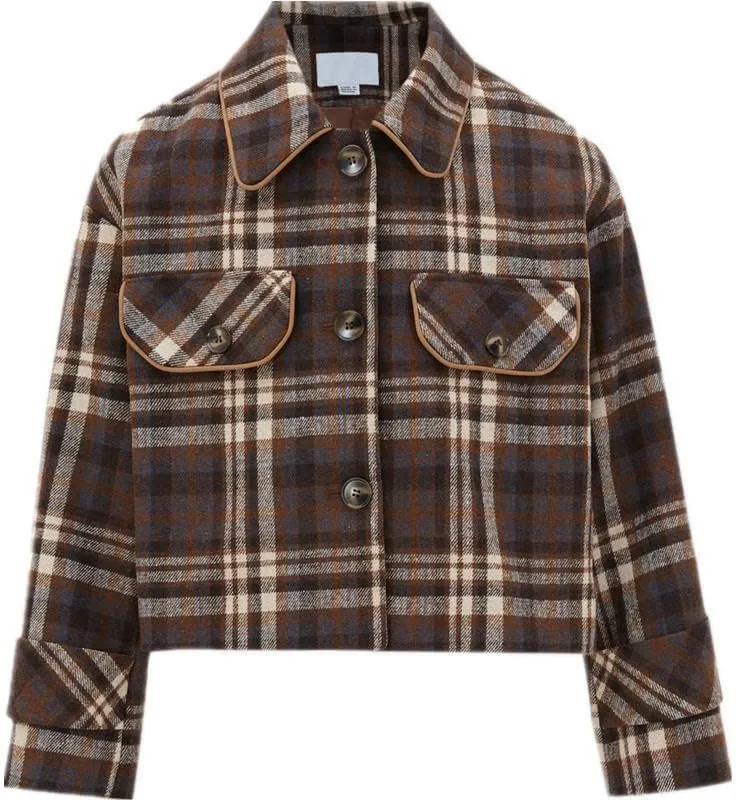 Kwoki Women's Casual Plaid Jacket Coat Retro Wool Blend Botton Lapel Outwear Jackets