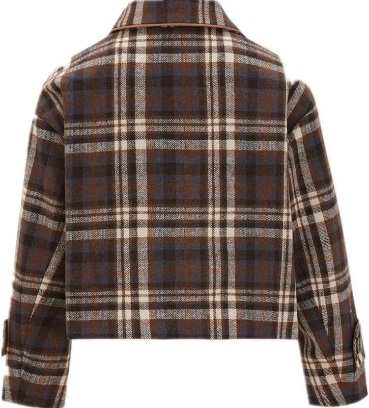 Kwoki Women's Casual Plaid Jacket Coat Retro Wool Blend Botton Lapel Outwear Jackets