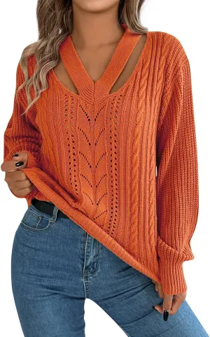 Ladies Casual Sexy V-Neck Long Sleeve Ribbed Knit Hollow Out Sweater Top, S-XL