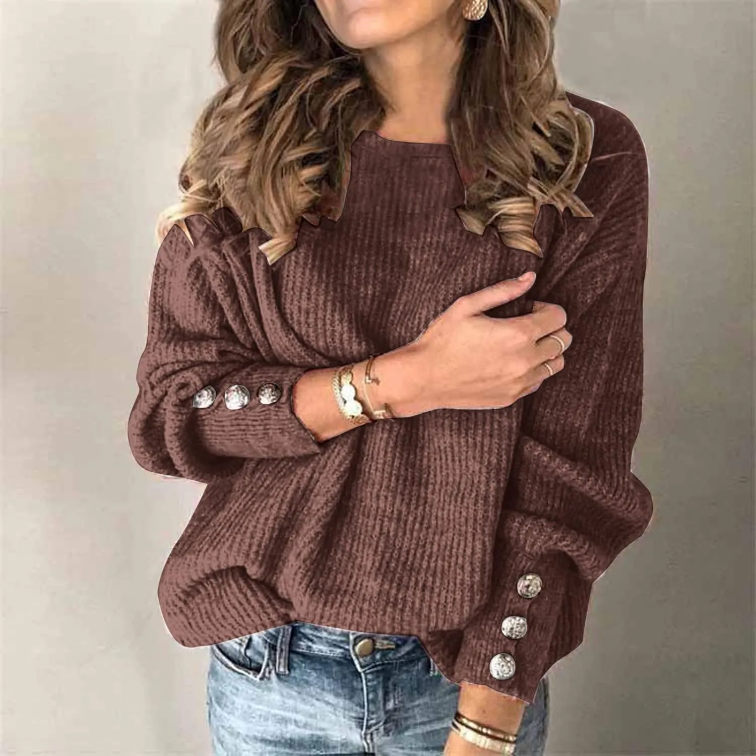 LCMTWX Oversized Sweater for Women Button Long Pullover Women Tops Turtleneck Sweater Round Neck Striped Pullover 2023 Fall