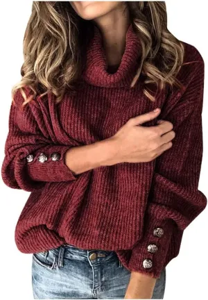 LCMTWX Sweaters for Women Sweater Button Long Pullover Women Tops Turtleneck Sweater Fall Sweaters Round Neck Slim Fitting