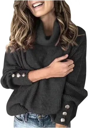 LCMTWX Women's 2023 Winter Pullover Sweater Sleeve Button Knitted Turtleneck Sweater Loose Long Sleeve Tops Shirts Womens