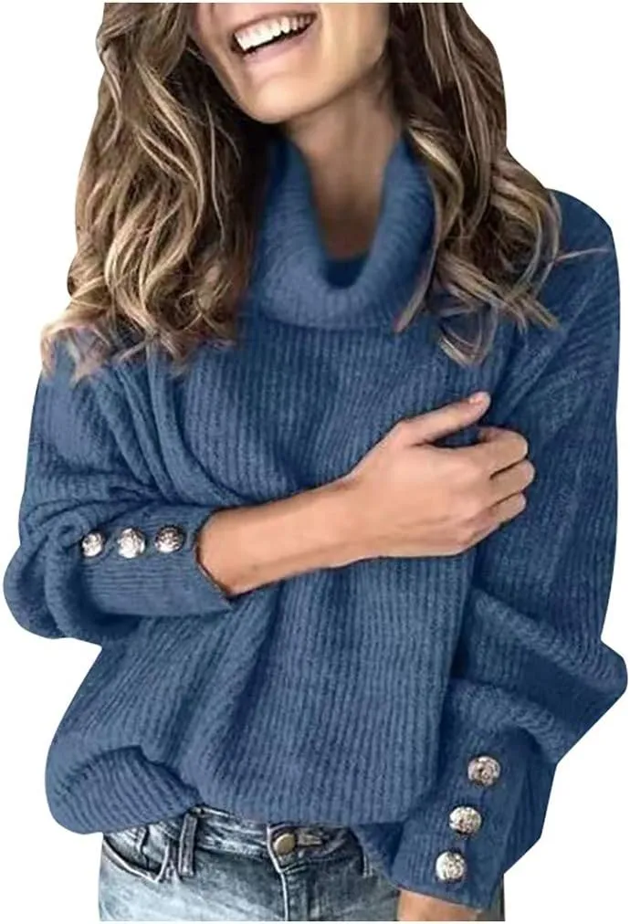 LCMTWX Womens Plus Size Sweater Button Long Pullover Women Tops Turtleneck Sweater Fall Fuzzy Knit Warm Pullover Sweater