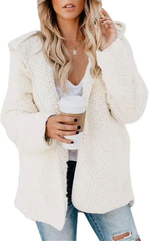 lcyhony Women's Teddy Jacket Trendy Fuzzy Open Front Hooded Cardigan Winter Warm Comfy Wool Coats with Pockets Y2k Clothes