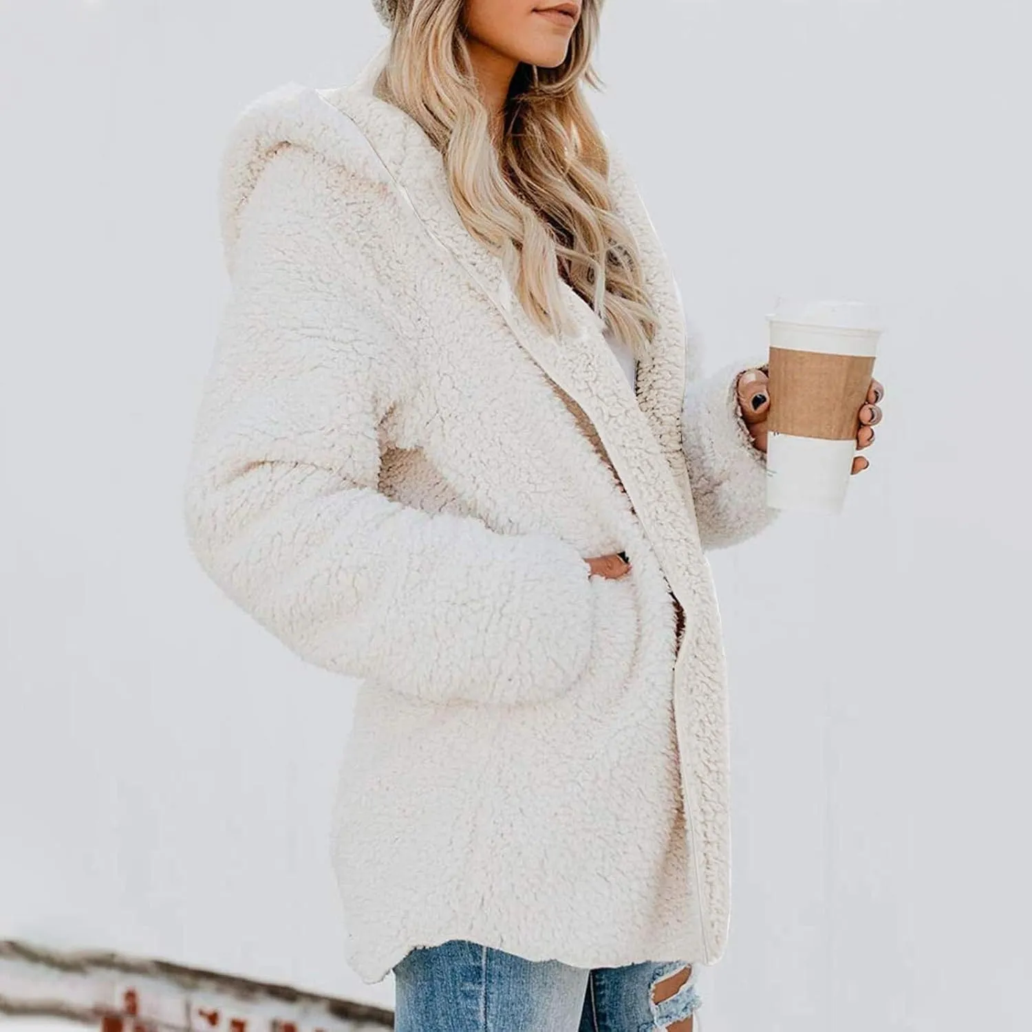 lcyhony Women's Teddy Jacket Trendy Fuzzy Open Front Hooded Cardigan Winter Warm Comfy Wool Coats with Pockets Y2k Clothes