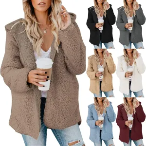 lcyhony Women's Teddy Jacket Trendy Fuzzy Open Front Hooded Cardigan Winter Warm Comfy Wool Coats with Pockets Y2k Clothes