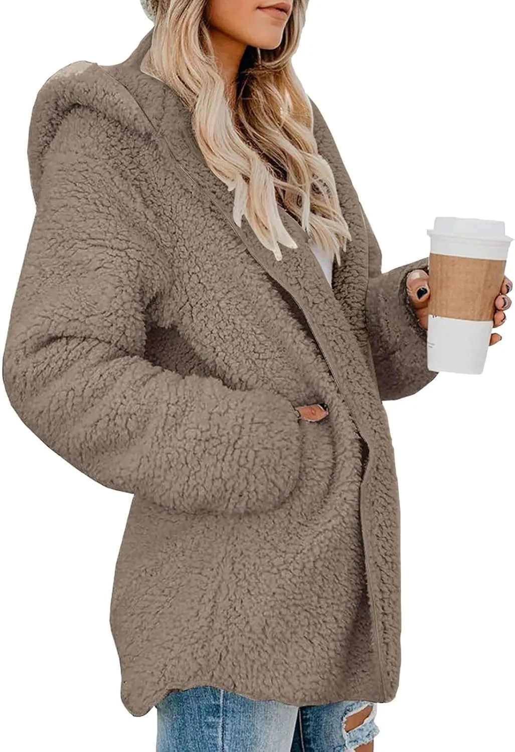 lcyhony Women's Teddy Jacket Trendy Fuzzy Open Front Hooded Cardigan Winter Warm Comfy Wool Coats with Pockets Y2k Clothes