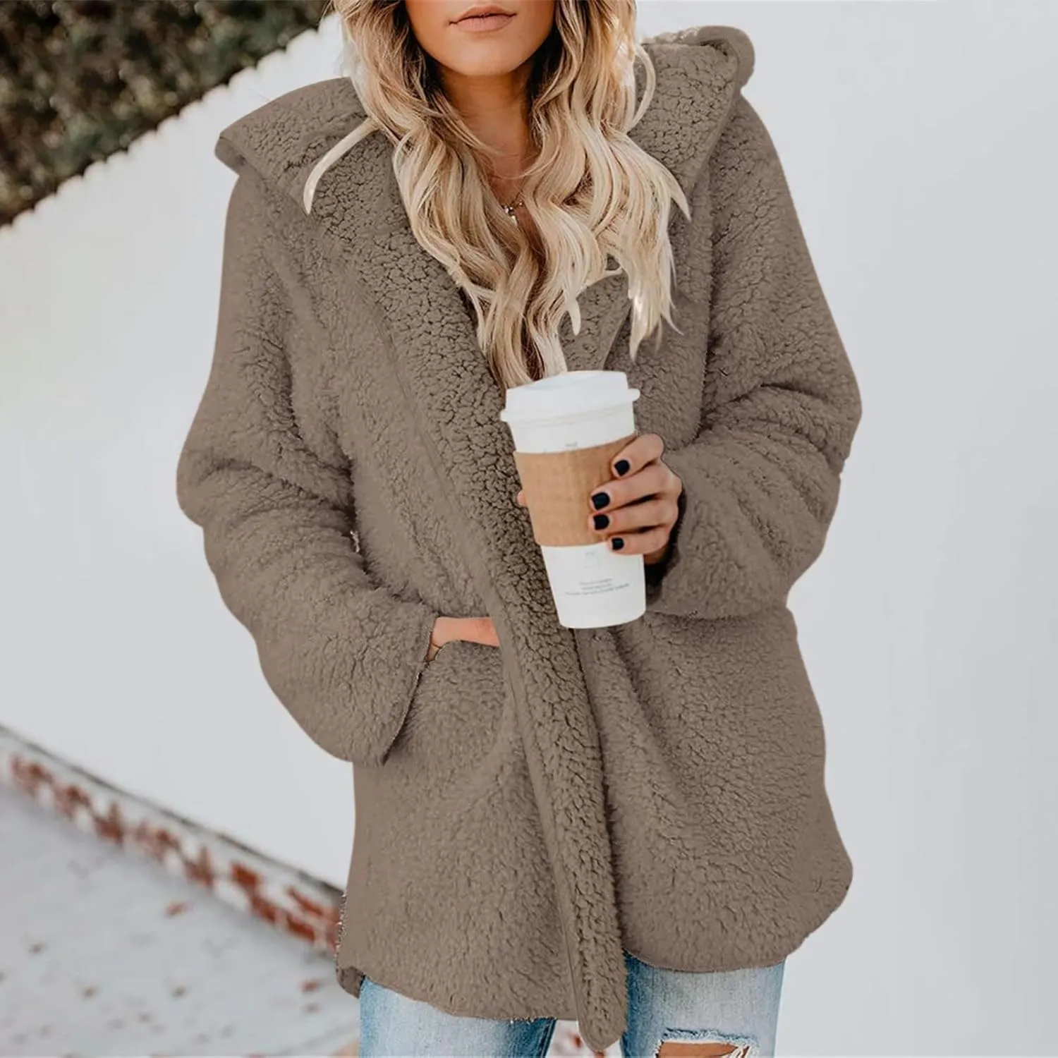 lcyhony Women's Teddy Jacket Trendy Fuzzy Open Front Hooded Cardigan Winter Warm Comfy Wool Coats with Pockets Y2k Clothes