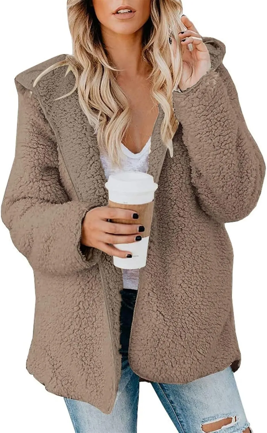 lcyhony Women's Teddy Jacket Trendy Fuzzy Open Front Hooded Cardigan Winter Warm Comfy Wool Coats with Pockets Y2k Clothes