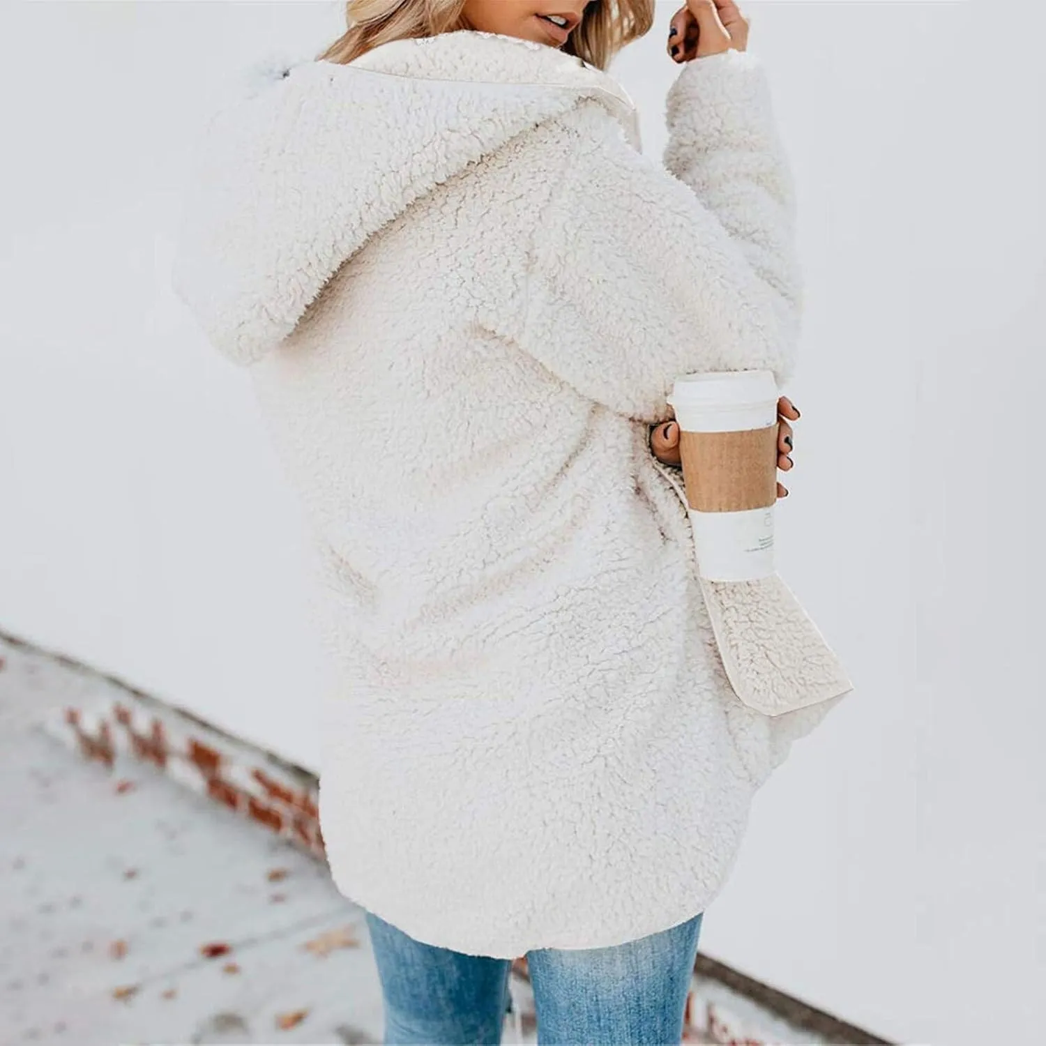lcyhony Women's Teddy Jacket Trendy Fuzzy Open Front Hooded Cardigan Winter Warm Comfy Wool Coats with Pockets Y2k Clothes