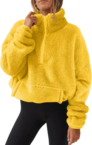 lcziwo Womens Fleece Pullover Half Zip Oversized Sherpa Cropped Sweatshirt Fuzzy Warm Winter Clothes with Pockets