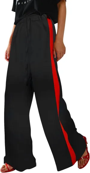 Leopard Print Pants for Women 2025 Drawstring High Waisted Color Block Side Striped Straight Leg Wide Leg Loose Pant