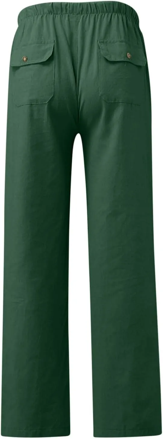 Linen Drawstring Pants Mens Elastic Waist Lightweight Trousers Casual Loose Straight Leg Yoga Fall Soft Beach Pants