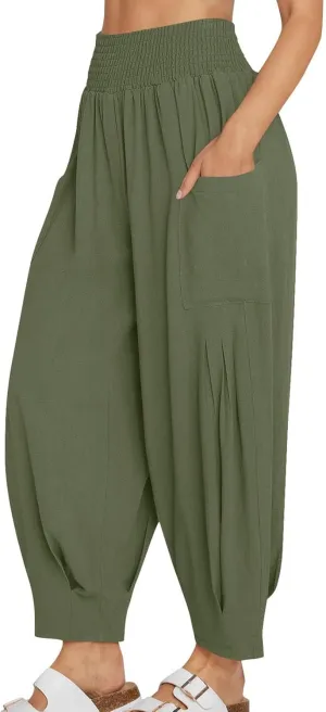 Linen Harem Pants Women with Pockets Boho Summer Casual Loose High Waist Cargo Lounge Beach Travel Vacation Outfits