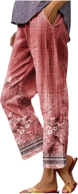 Linen Pants for Women Vintage Floral Printed Casual Summer High Waisted Lightweight Wide Leg Lounge Beach Trousers