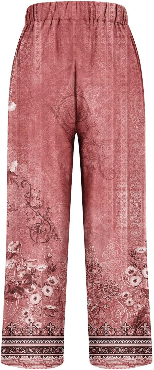 Linen Pants for Women Vintage Floral Printed Casual Summer High Waisted Lightweight Wide Leg Lounge Beach Trousers