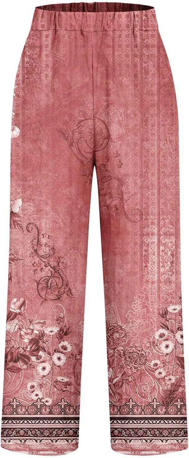 Linen Pants for Women Vintage Floral Printed Casual Summer High Waisted Lightweight Wide Leg Lounge Beach Trousers